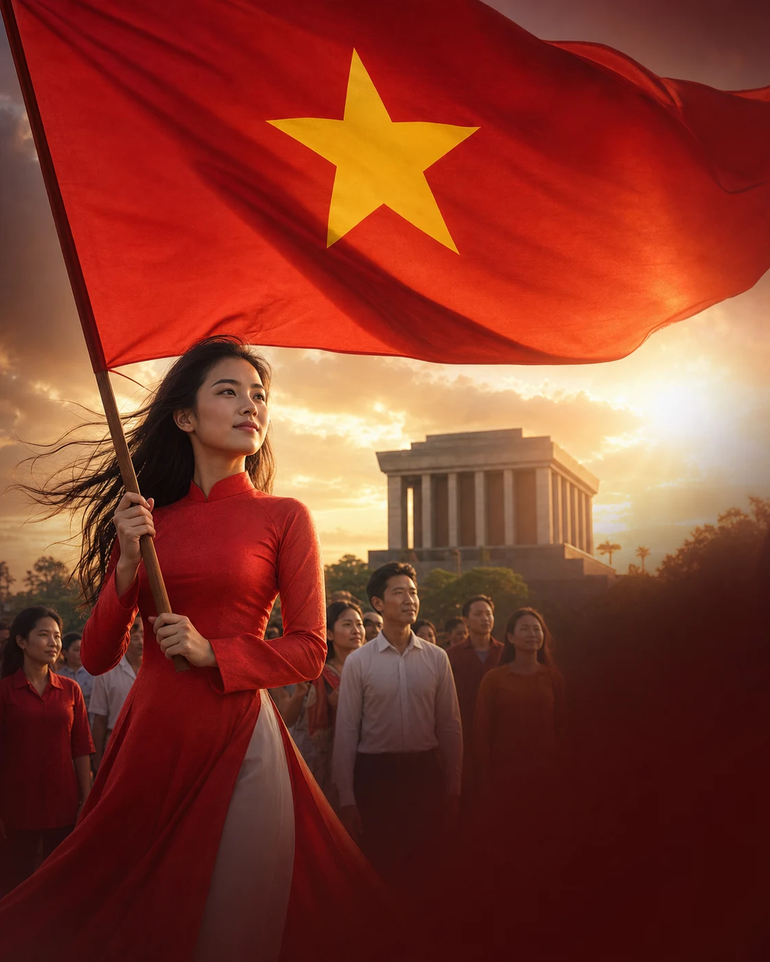 Người phụ nữ Việt Nam trong tà áo dài đỏ nâng cao Quốc kỳ tại Quảng trường Ba Đình
